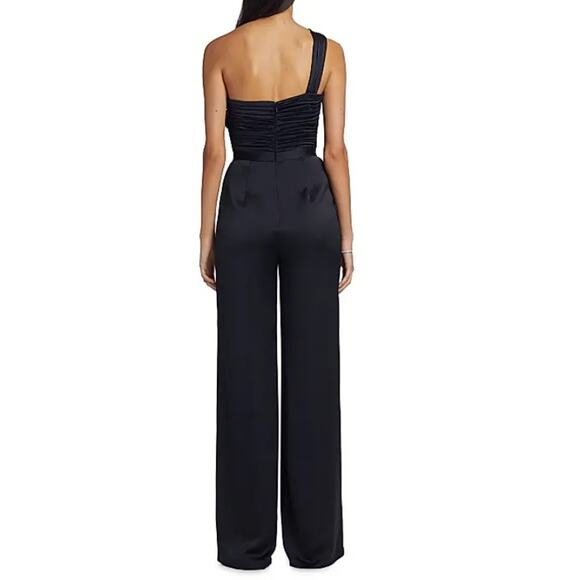 RAMY BROOK Women's Black Myra Asymmetric Pleated Satin Jumpsuit Size 10 - Picture 2 of 8